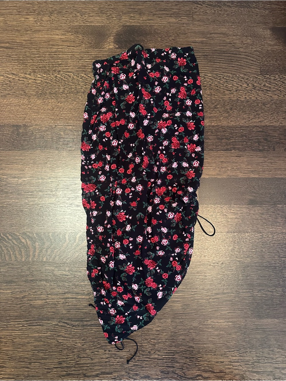 For Love & Lemons Black Floral Drawstring Midi Skirt